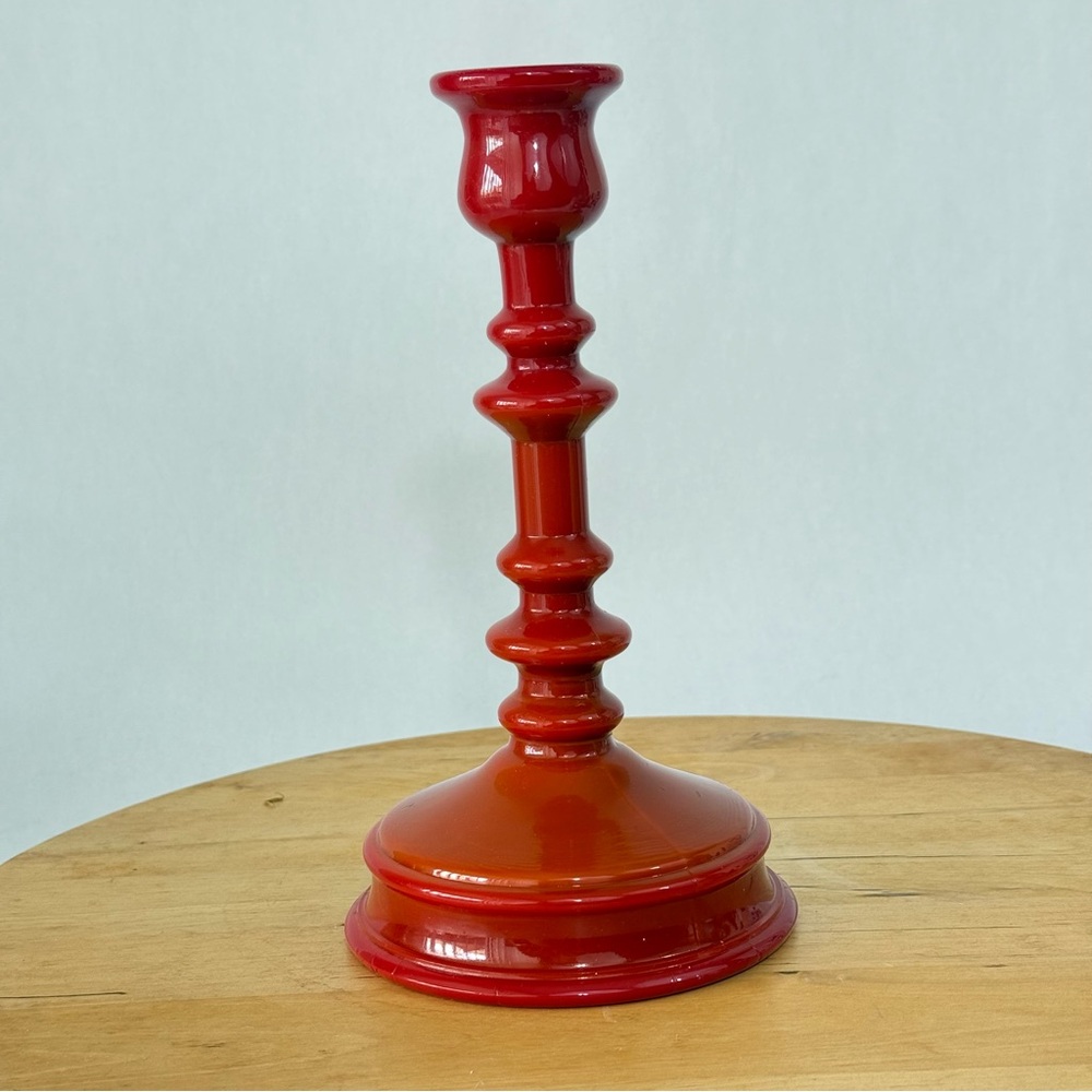 1920s Northwood No.708 Stretch Glass Chinese Coral Opaque Spindle Candlestick